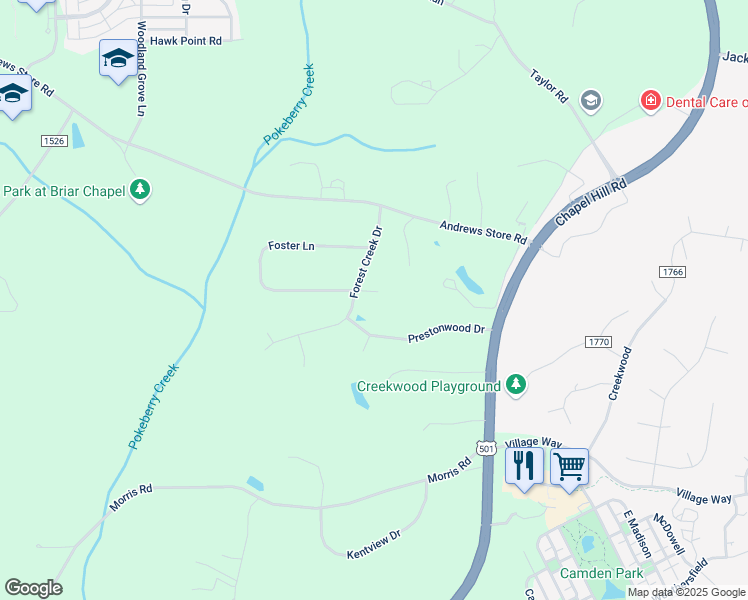 map of restaurants, bars, coffee shops, grocery stores, and more near 630 Foster Lane in Pittsboro