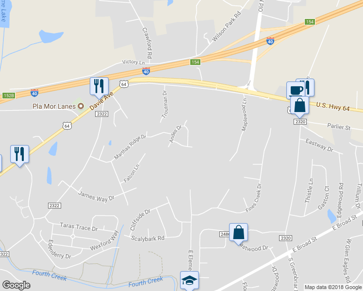 map of restaurants, bars, coffee shops, grocery stores, and more near Little Dog Lane in Statesville