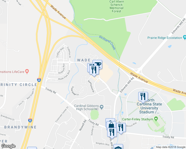 map of restaurants, bars, coffee shops, grocery stores, and more near Wade Park Boulevard in Raleigh