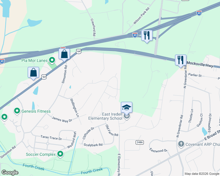 map of restaurants, bars, coffee shops, grocery stores, and more near 917 Little Dog Lane in Statesville