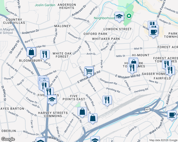 map of restaurants, bars, coffee shops, grocery stores, and more near 209 Hudson Street in Raleigh
