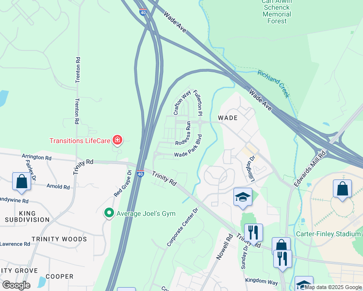 map of restaurants, bars, coffee shops, grocery stores, and more near 1334 Rodessa Run in Raleigh