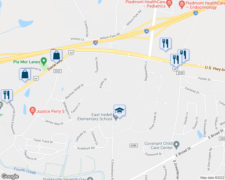 map of restaurants, bars, coffee shops, grocery stores, and more near 2653 Andes Drive in Statesville