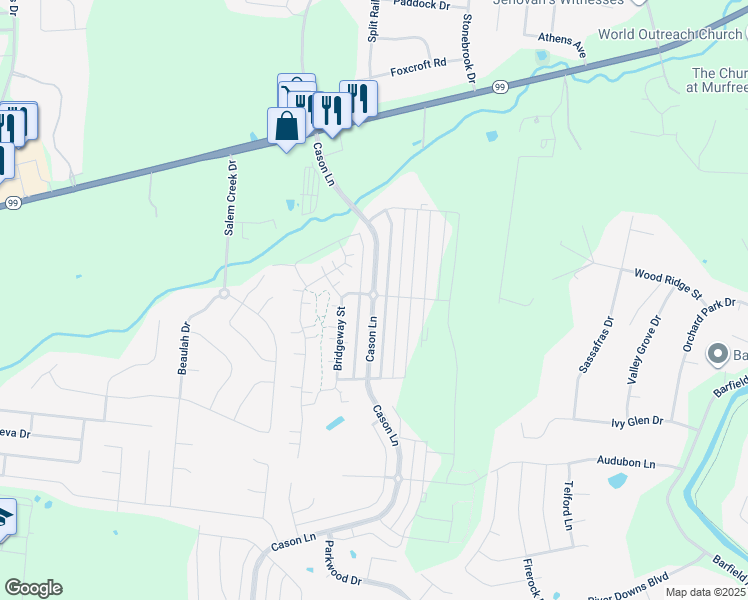 map of restaurants, bars, coffee shops, grocery stores, and more near 2163 Cason Lane in Murfreesboro