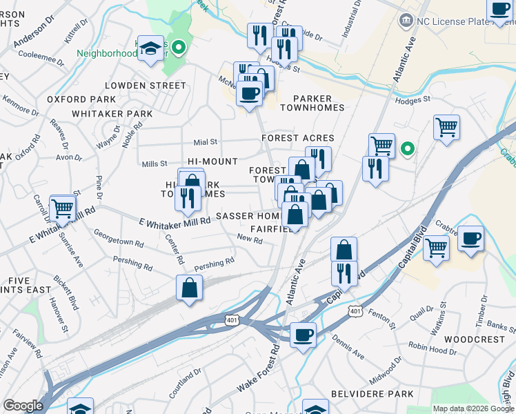 map of restaurants, bars, coffee shops, grocery stores, and more near 722 Kimbrough Street in Raleigh
