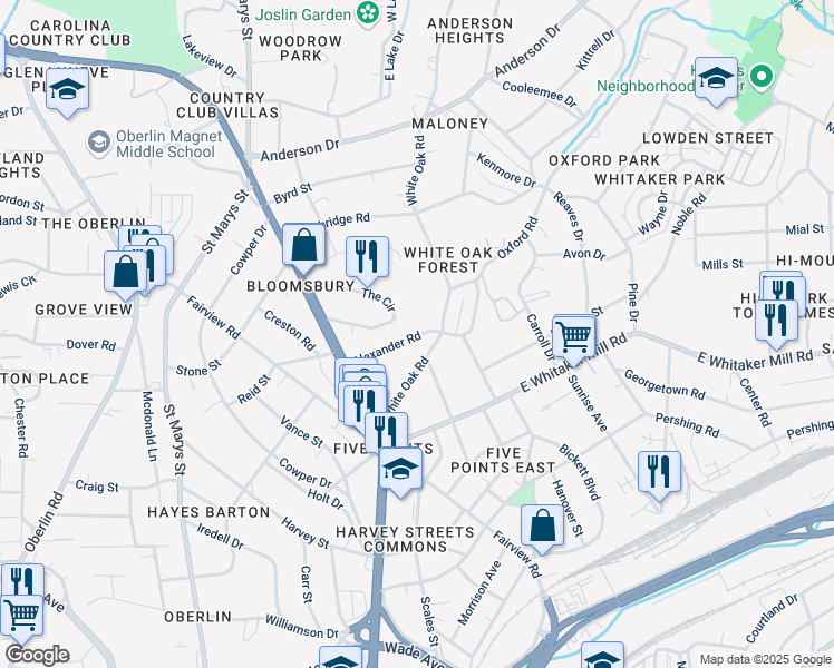 map of restaurants, bars, coffee shops, grocery stores, and more near 2232 The Circle in Raleigh