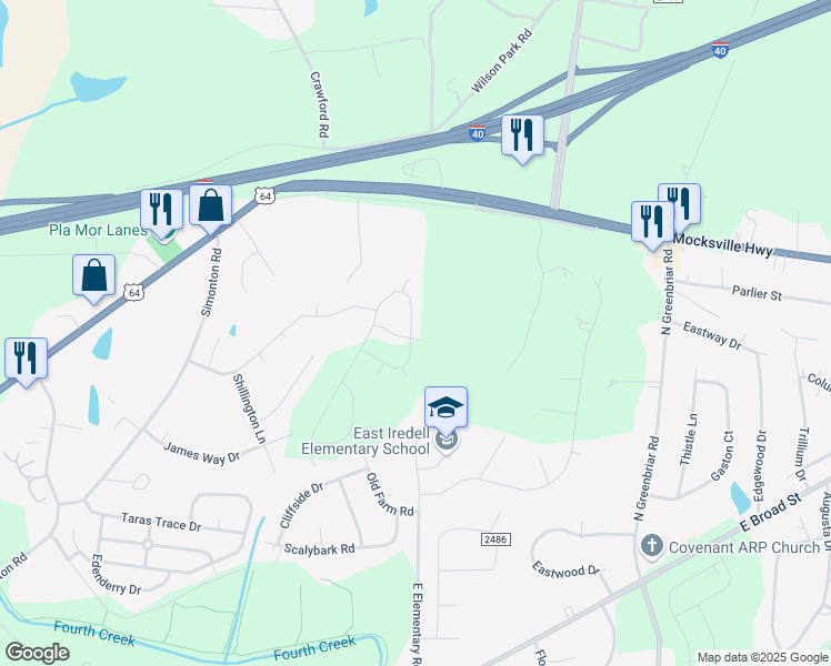 map of restaurants, bars, coffee shops, grocery stores, and more near 2640 Andes Drive in Statesville