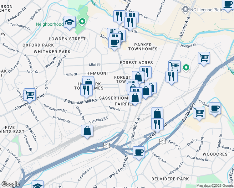 map of restaurants, bars, coffee shops, grocery stores, and more near 722 Kimbrough Street in Raleigh