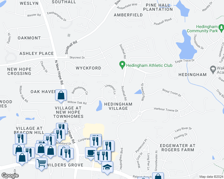 map of restaurants, bars, coffee shops, grocery stores, and more near 4625 Thurmount Place in Raleigh
