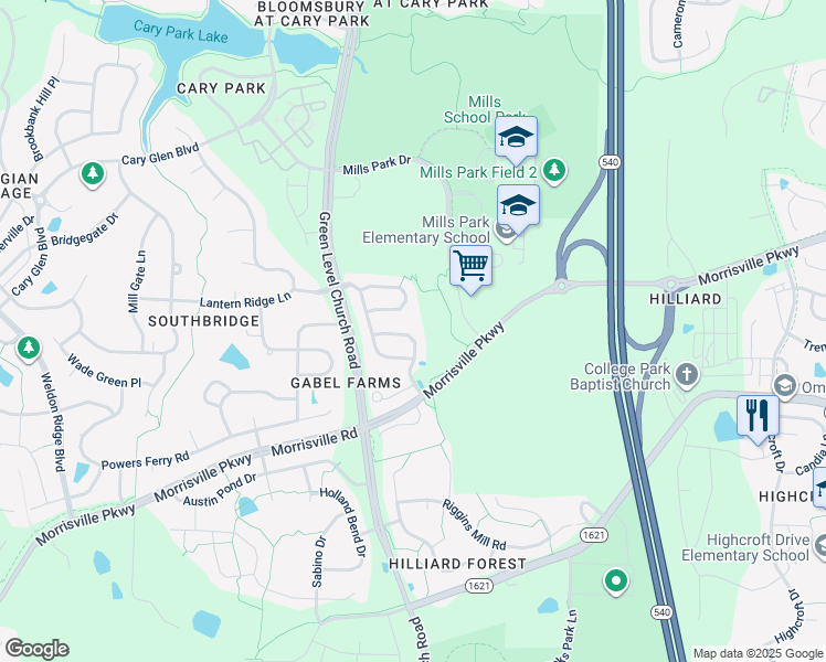 map of restaurants, bars, coffee shops, grocery stores, and more near 419 Westfalen Drive in Cary