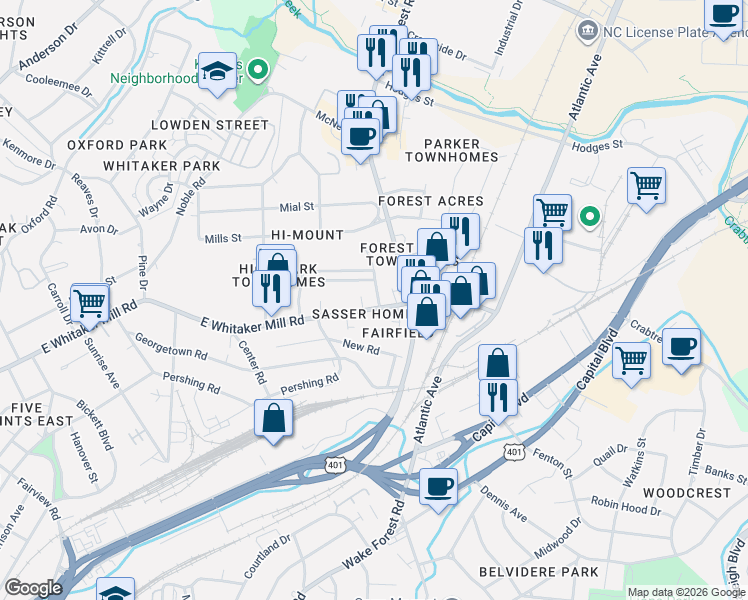 map of restaurants, bars, coffee shops, grocery stores, and more near 722 Kimbrough Street in Raleigh