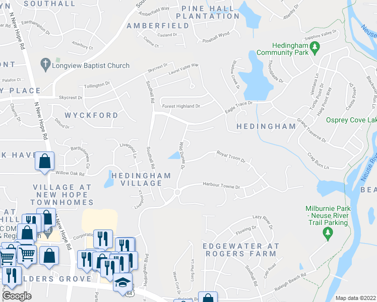 map of restaurants, bars, coffee shops, grocery stores, and more near 4920 Long Point Court in Raleigh