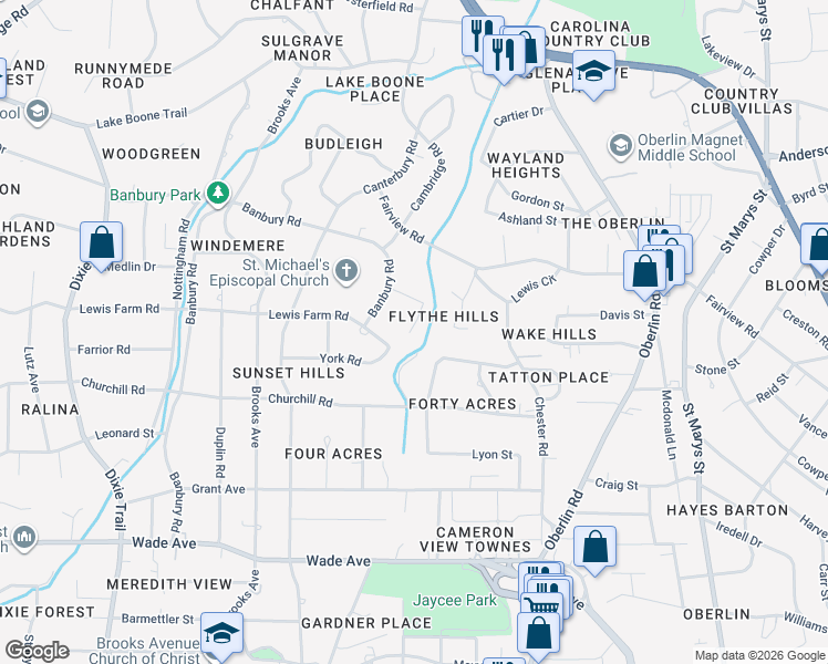 map of restaurants, bars, coffee shops, grocery stores, and more near 2704 Manning Place in Raleigh