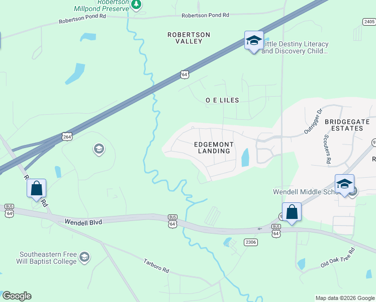 map of restaurants, bars, coffee shops, grocery stores, and more near 1245 Hawks Perch Way in Wendell