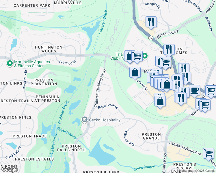 map of restaurants, bars, coffee shops, grocery stores, and more near 703 Kirkeenan Circle in Morrisville