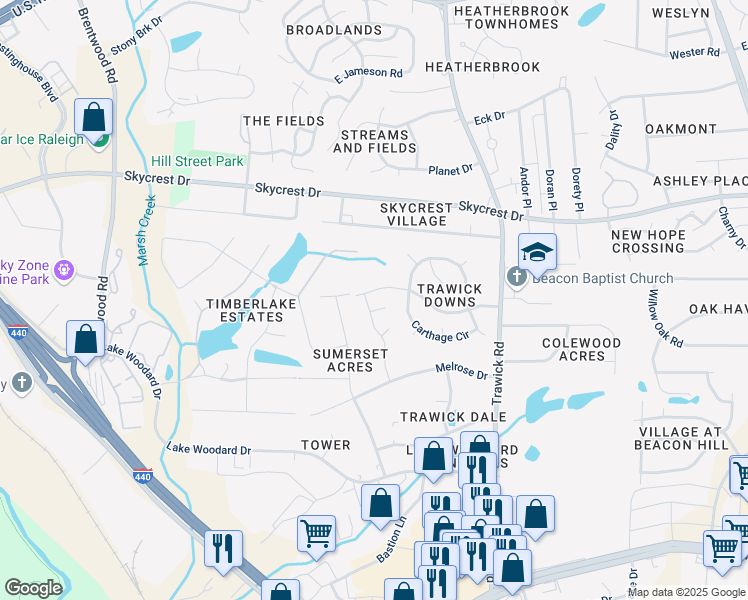 map of restaurants, bars, coffee shops, grocery stores, and more near 2018 Seneca Road in Raleigh