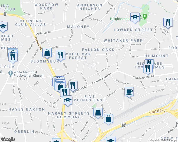 map of restaurants, bars, coffee shops, grocery stores, and more near 2221 Oxford Hills Drive in Raleigh