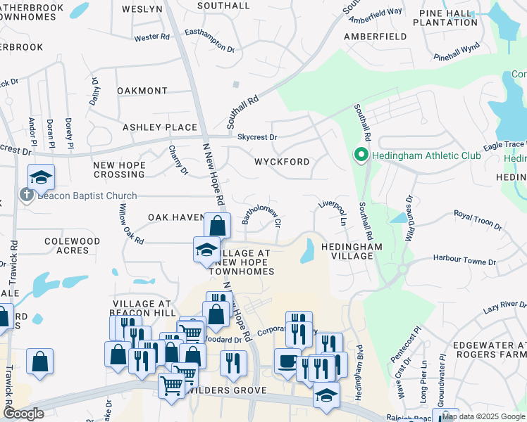 map of restaurants, bars, coffee shops, grocery stores, and more near 4412 Bartholomew Circle in Raleigh