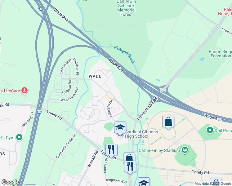 map of restaurants, bars, coffee shops, grocery stores, and more near 5430 Wade Park Boulevard in Raleigh