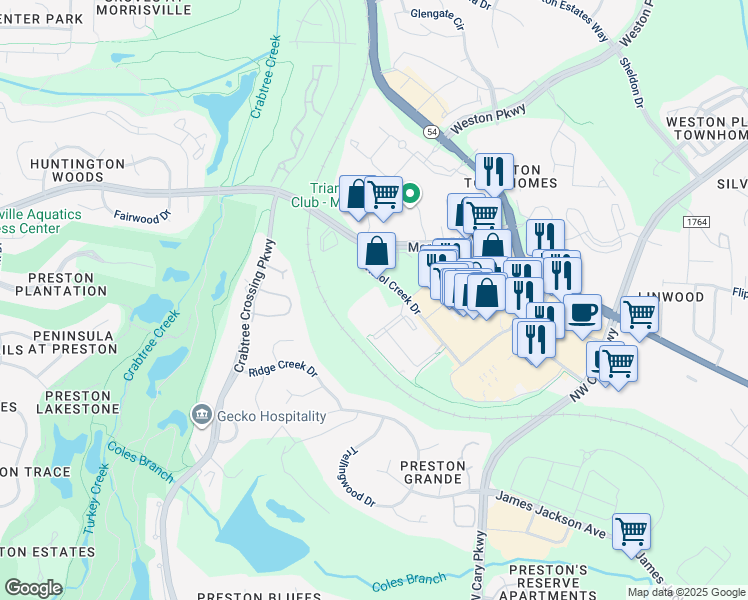 map of restaurants, bars, coffee shops, grocery stores, and more near 2312 Bristol Creek Drive in Morrisville