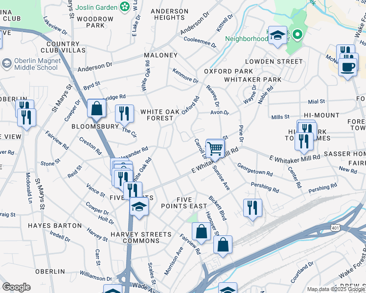 map of restaurants, bars, coffee shops, grocery stores, and more near 2221 Oxford Hills Drive in Raleigh