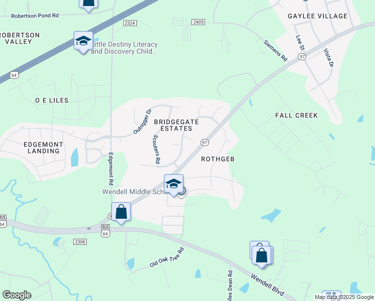 map of restaurants, bars, coffee shops, grocery stores, and more near 7228 Campsite Drive in Wendell