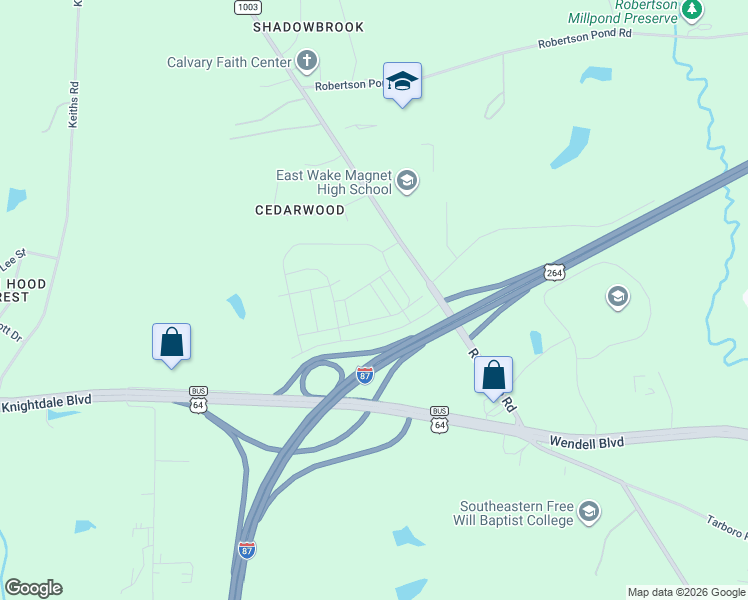 map of restaurants, bars, coffee shops, grocery stores, and more near 9021 U.S. 64 in Knightdale