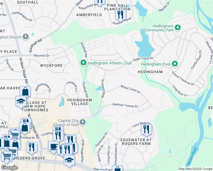 map of restaurants, bars, coffee shops, grocery stores, and more near 4920 Long Point Court in Raleigh