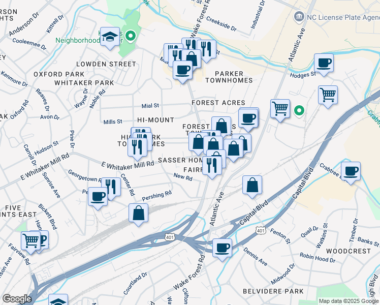 map of restaurants, bars, coffee shops, grocery stores, and more near 722 Kimbrough Street in Raleigh