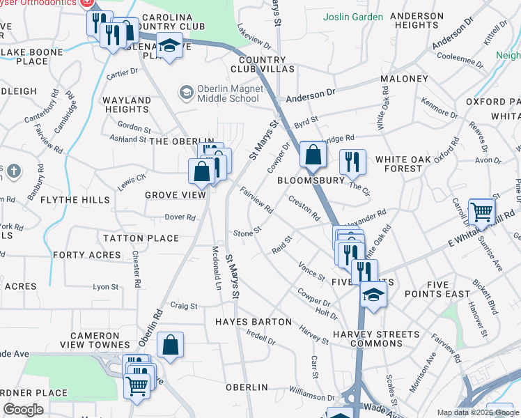 map of restaurants, bars, coffee shops, grocery stores, and more near 2311 Fairview Road in Raleigh