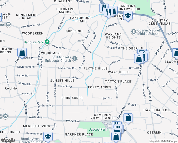 map of restaurants, bars, coffee shops, grocery stores, and more near 2704 Manning Place in Raleigh
