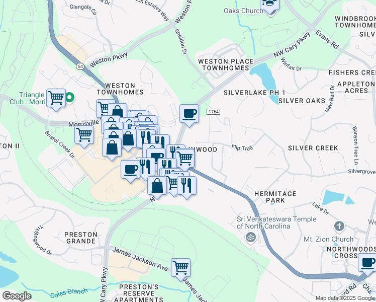 map of restaurants, bars, coffee shops, grocery stores, and more near 500 Flip Trail in Cary