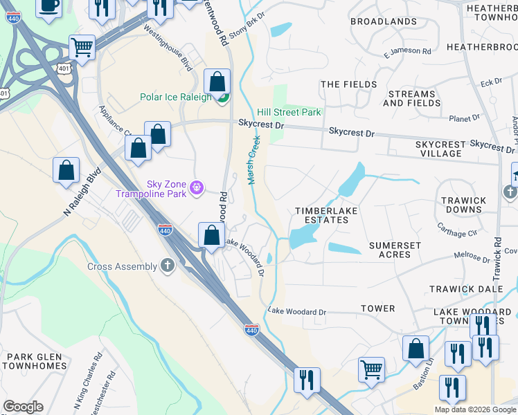 map of restaurants, bars, coffee shops, grocery stores, and more near 2107 Langdon Drive in Raleigh