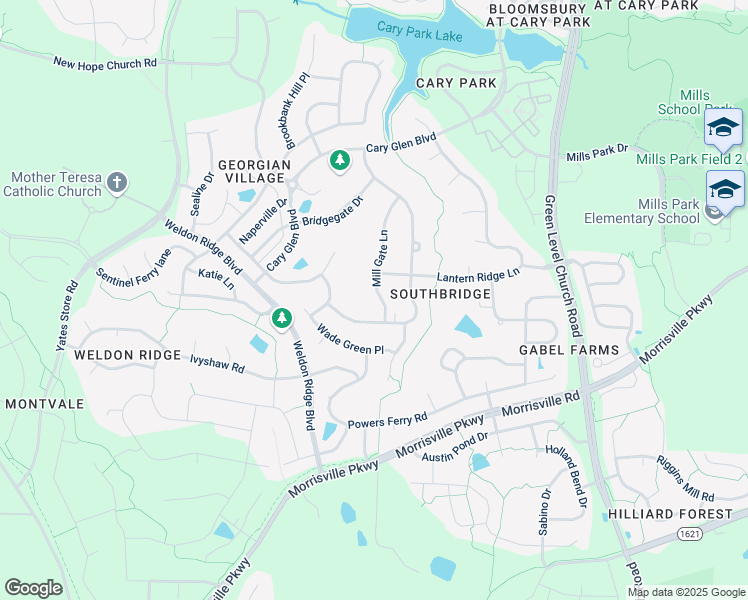 map of restaurants, bars, coffee shops, grocery stores, and more near 3005 Mill Gate Lane in Cary
