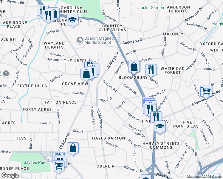 map of restaurants, bars, coffee shops, grocery stores, and more near 2311 Fairview Road in Raleigh