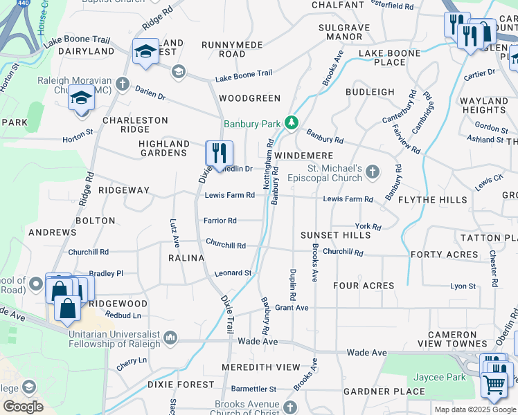 map of restaurants, bars, coffee shops, grocery stores, and more near 1429 Nottingham Road in Raleigh