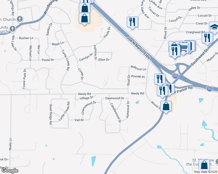 map of restaurants, bars, coffee shops, grocery stores, and more near 1808 Covey Drive in Jonesboro