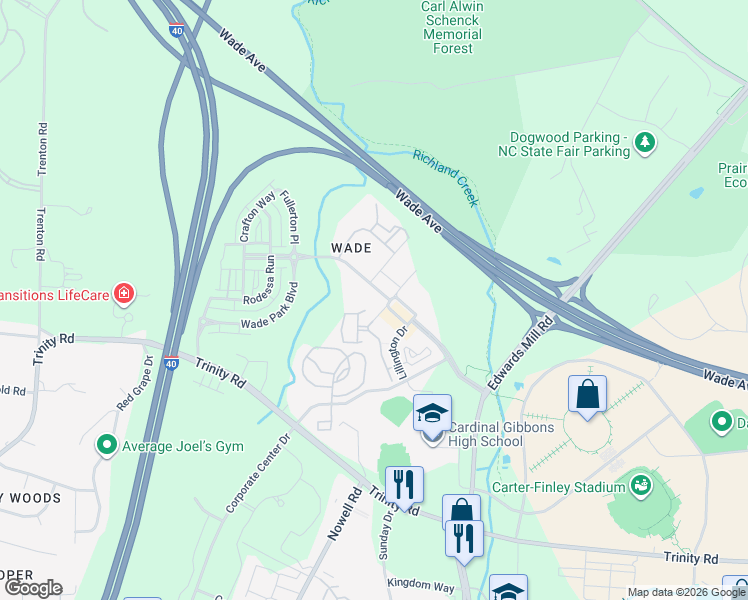 map of restaurants, bars, coffee shops, grocery stores, and more near 5444 Wade Park Boulevard in Raleigh