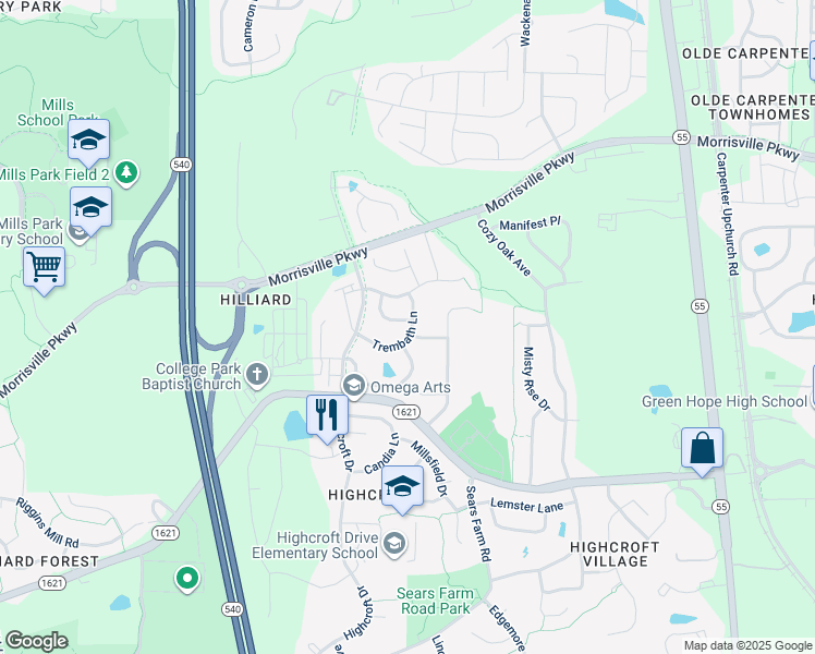 map of restaurants, bars, coffee shops, grocery stores, and more near 5244 Shergold Street in Cary