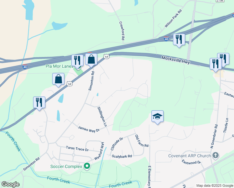 map of restaurants, bars, coffee shops, grocery stores, and more near 2456 Marthas Ridge Drive in Statesville