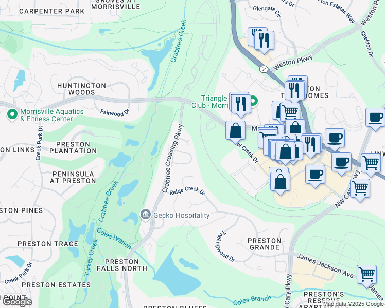 map of restaurants, bars, coffee shops, grocery stores, and more near 604 Kirkeenan Circle in Morrisville