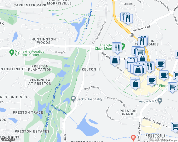 map of restaurants, bars, coffee shops, grocery stores, and more near 807 Kirkeenan Circle in Morrisville