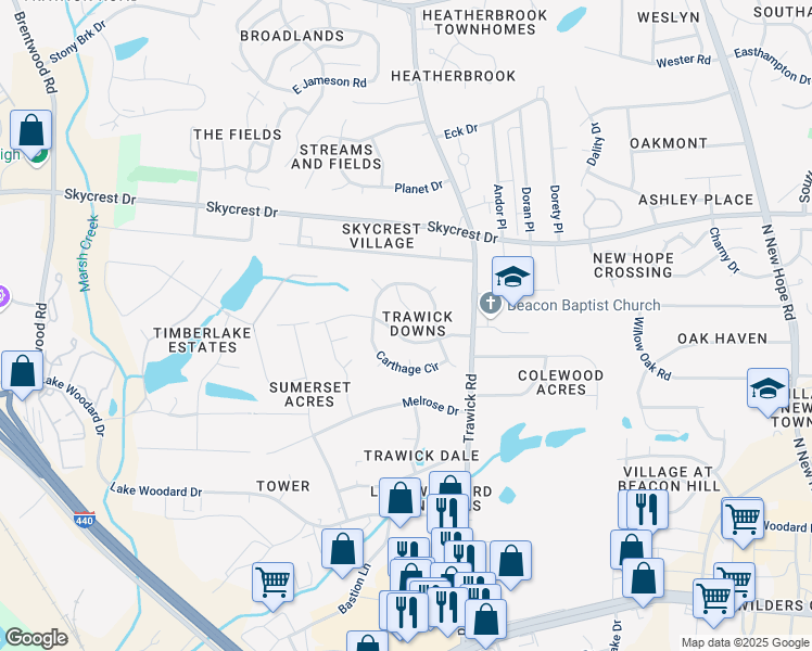 map of restaurants, bars, coffee shops, grocery stores, and more near 3509 Piedmont Drive in Raleigh