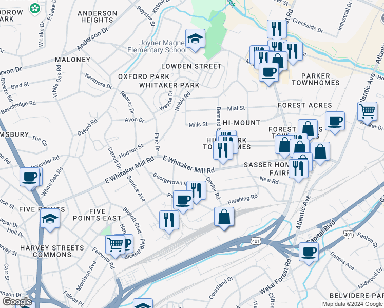 map of restaurants, bars, coffee shops, grocery stores, and more near 501 East Whitaker Mill Road in Raleigh