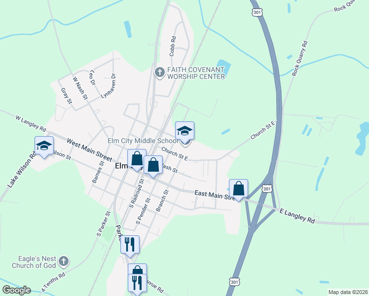 map of restaurants, bars, coffee shops, grocery stores, and more near 305 Pender Street in Elm City