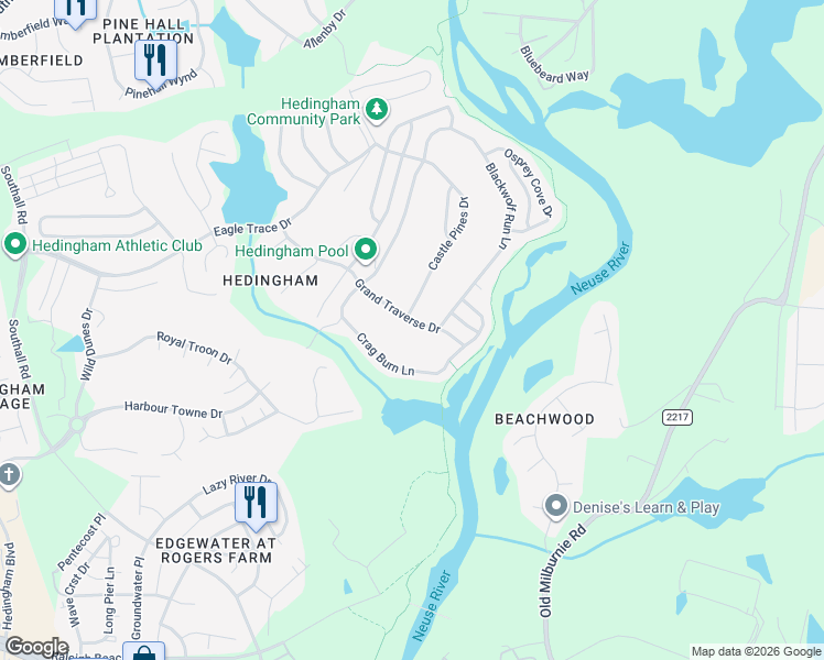 map of restaurants, bars, coffee shops, grocery stores, and more near 1901 Blackwolf Run Lane in Raleigh