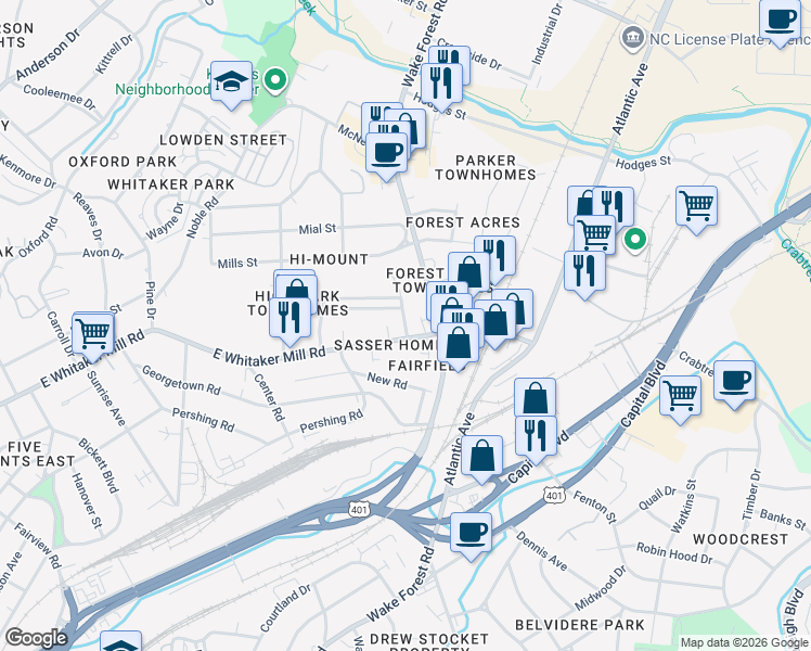 map of restaurants, bars, coffee shops, grocery stores, and more near in Raleigh