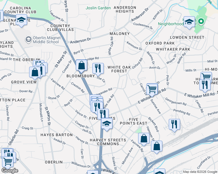 map of restaurants, bars, coffee shops, grocery stores, and more near 2232 The Circle in Raleigh