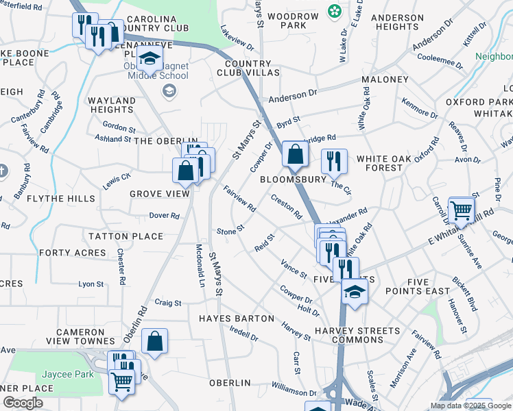 map of restaurants, bars, coffee shops, grocery stores, and more near 2106 Woodland Avenue in Raleigh