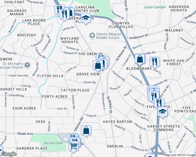 map of restaurants, bars, coffee shops, grocery stores, and more near 2601 Davis Street in Raleigh